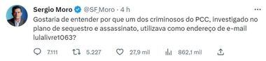 Sérgio Moro se manifestou na tarde deste sábado sobre o e-mail 'lulalivre', usado por criminosos do PCC (