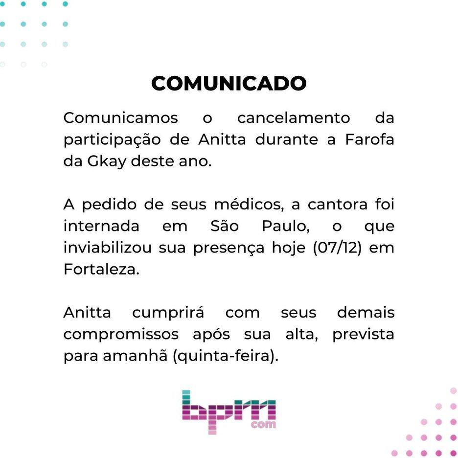 Anitta passa por nova internação e cancela show na Farofa da Gkay