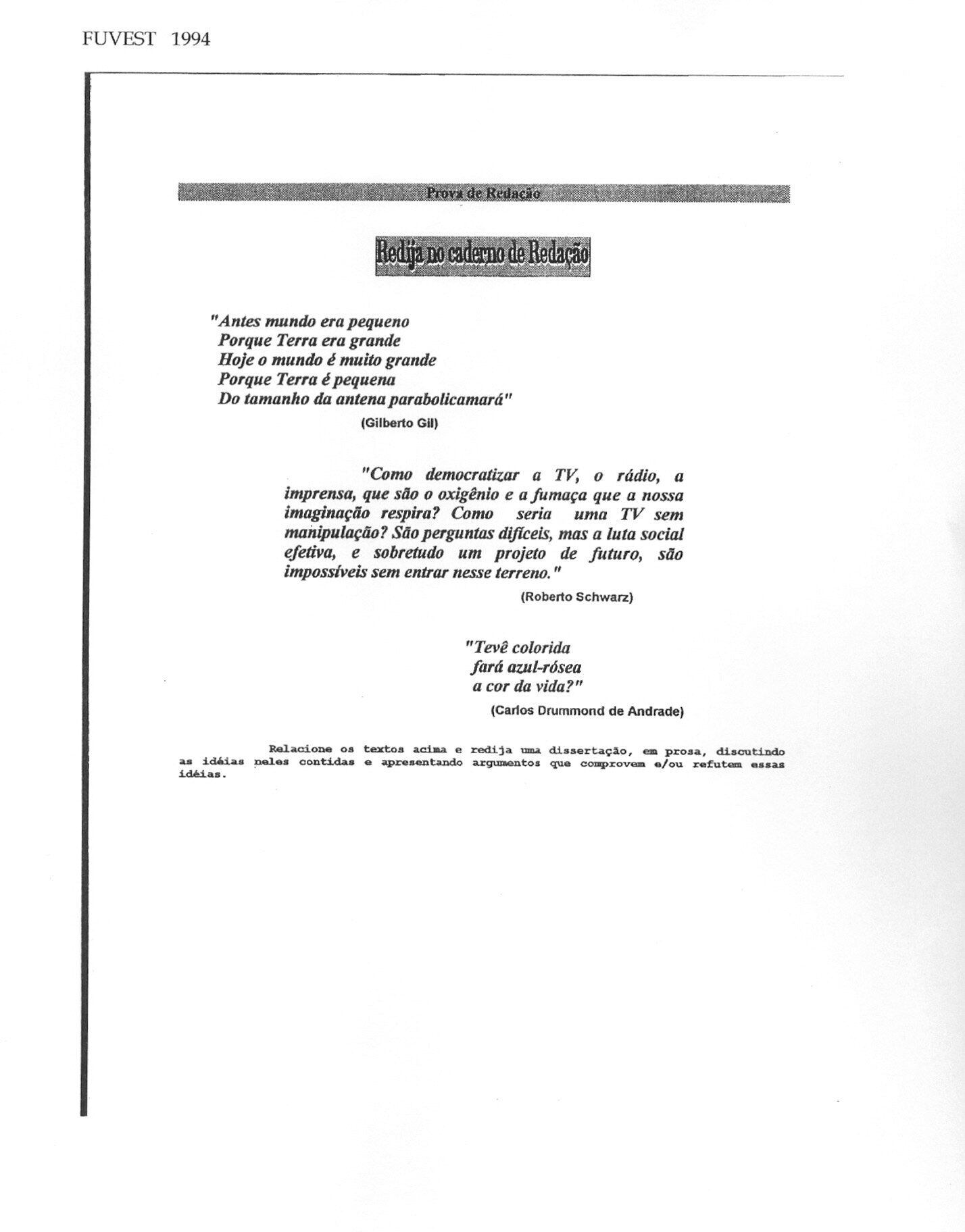 Prova de redação da Fuvest de 1994 - Estadão