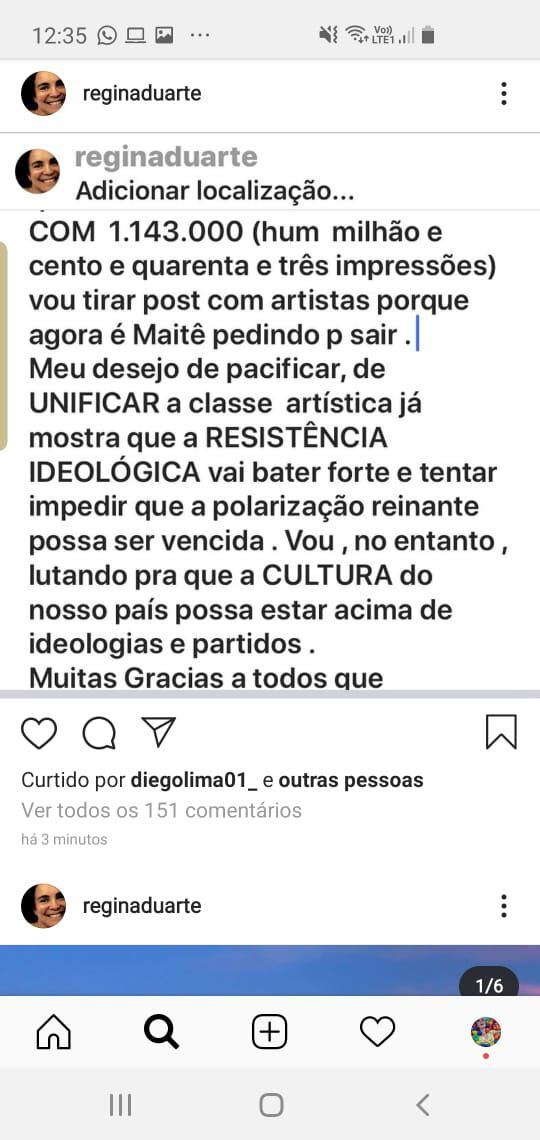 Depois de polêmica, Regina Duarte apaga post com fotos de atores