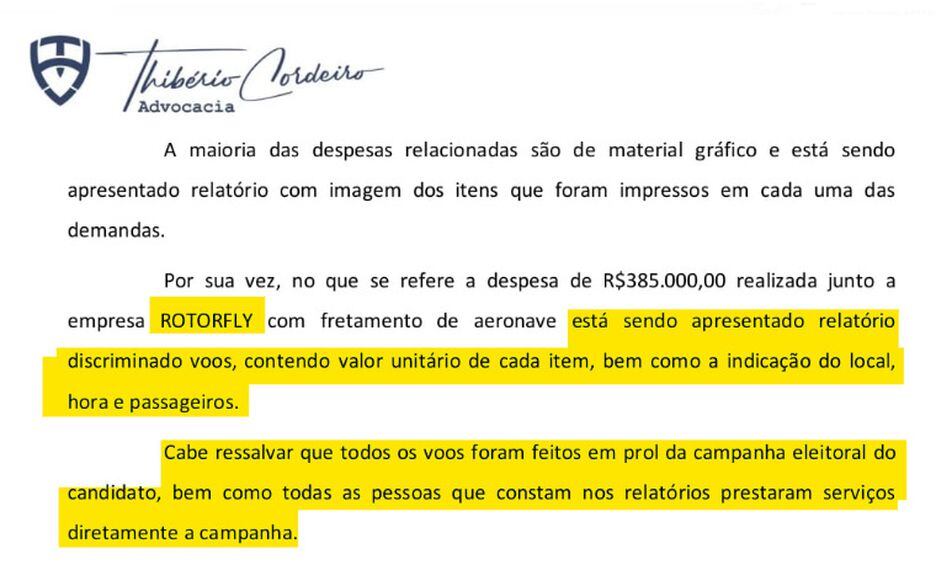 Defesa de Juscelino Filho em processo de prestação de contas diz que todos os passageiros listados em relatório prestaram serviços diretamente à campanha.